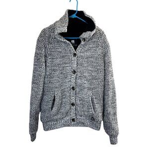 American Stitch Men's Large Sherpa-Lined Hooded Button-Up Knit Cardigan Sweater